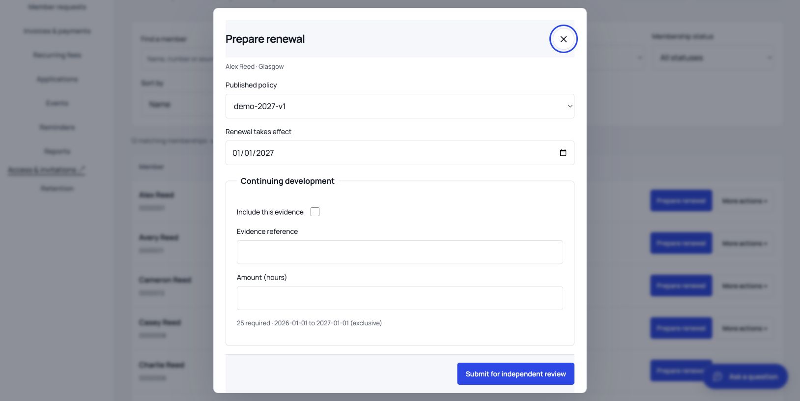 Renewal preparation in VeritableRoll, with evidence references and submission for independent review